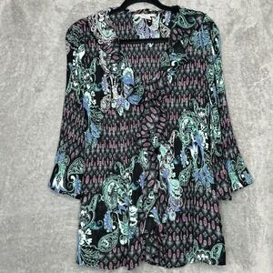 Roamans 16W XL Shirt Top Black Green Paisley Button Up Bell 3/4 Sleeve V Neck